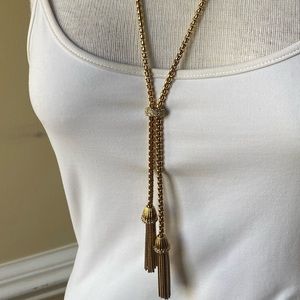 Designer J Crew Lariat Style Tassel Necklace with Rhinestone Accents Gold Tone
